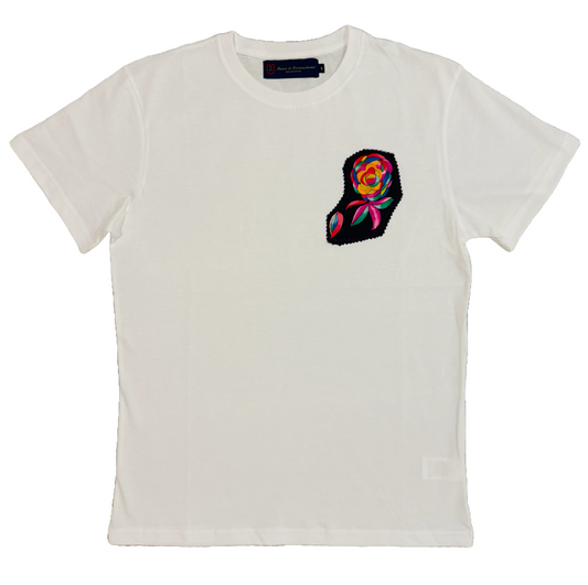 Silk Sewn-On Cotton Crewneck T-Shirt (Floral)